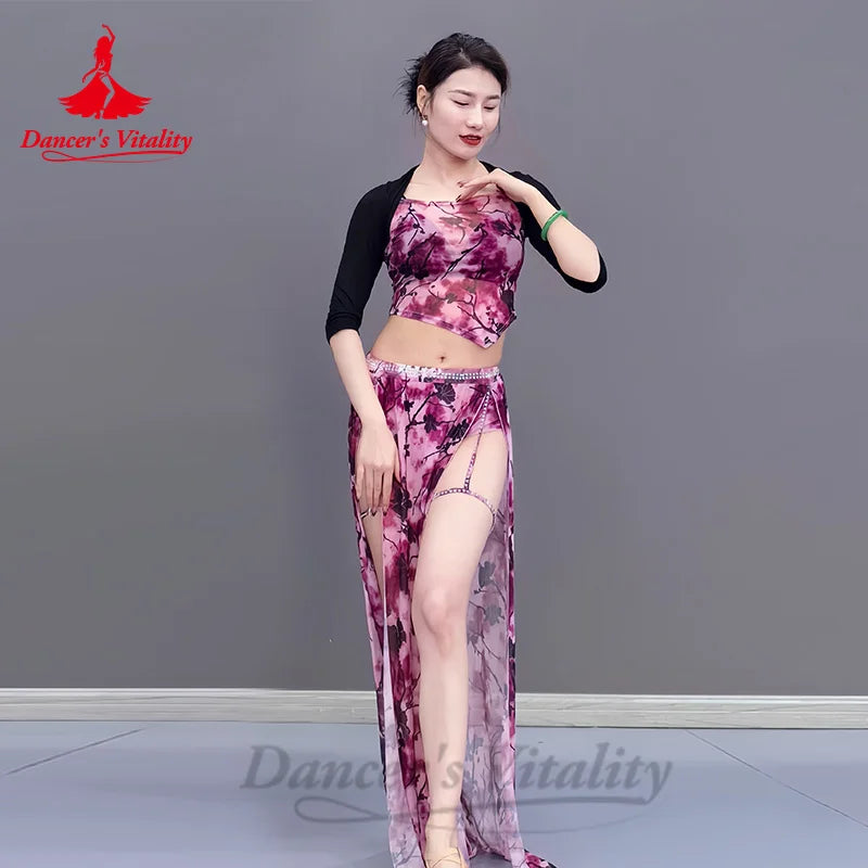 Belly Dance Costume Set for Women Modal Sleeves Top+printing Long Skirt 2pcs Oriental Belly Dancing Practice Clothes Set