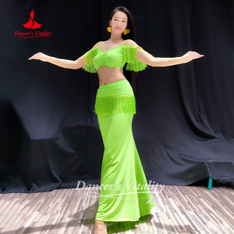 Belly Dance Costume for Women's Sexy Temperament Green Color Tassel Set Adult Oriental Dance Practice Outfit Dancer's Vitality