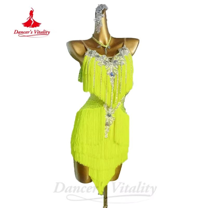 Latin Dance Fringe Dress for Women Rumba Chacha Tango Performance Tassel Skirt Costume Custom Adult Child Latin Dancing Dresses