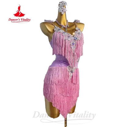 Latin Dance Fringe Dress for Women Rumba Chacha Tango Performance Tassel Skirt Costume Custom Adult Child Latin Dancing Dresses