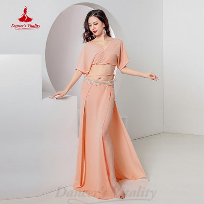 Belly Dance Practice Clothes Girl's Short Sleeves Top+split Long Skirt 2pcs Oriental Cotton Group Suit Belly Dancing Wear Outfit