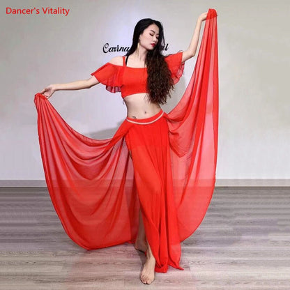 Belly Dance Suit Sling Top Off Shoulder Sleeves Split Skirt Practice Clothes Aldult Oriental Women Dancing Performance Clothing