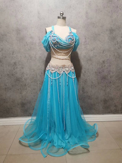 Belly Dance Suit Diamond-Studdedn Bra Split Long Skir Performance Clothes Set Female Adult High-End Top Competition Clothing