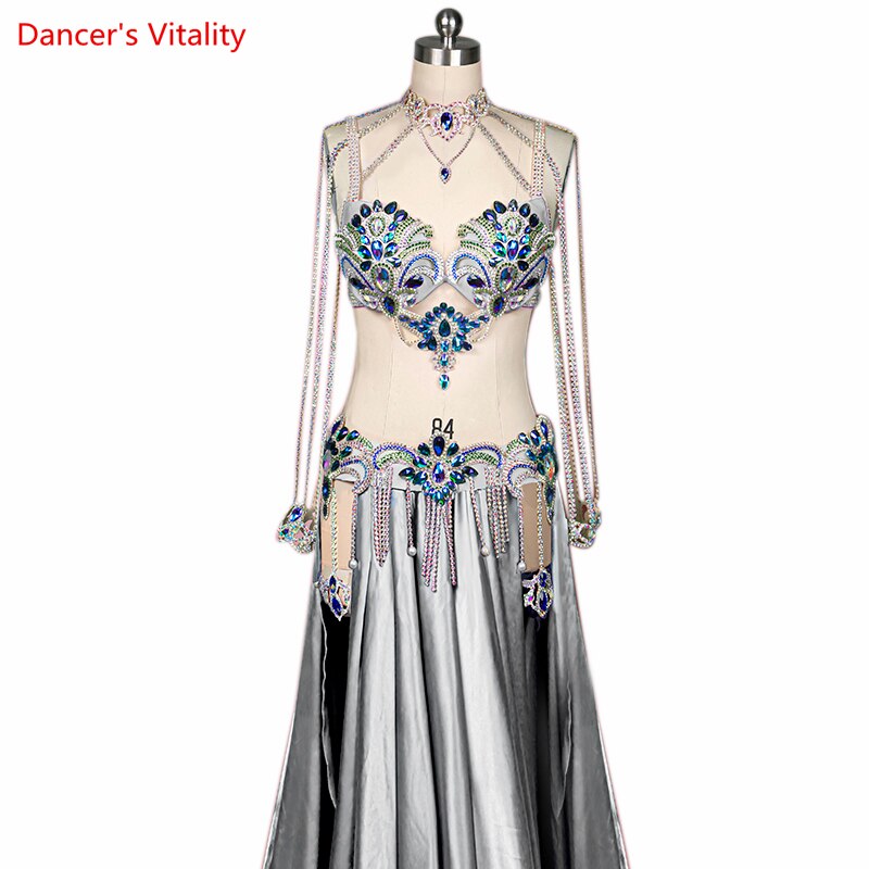 Belly Dance Competition Costume Suit for Women Cusomized Bra+satin Split Long Skirt 2pcs Female Oriental Bellydance Outfit