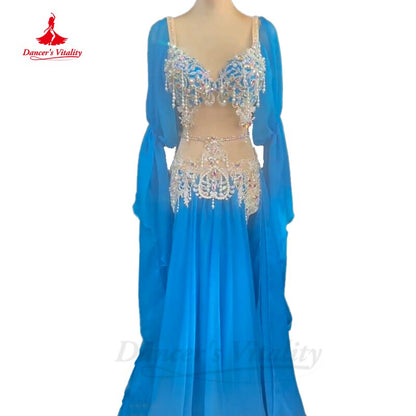 Belly Dance Competition Costume Suit for Women AB Stones Bra+chiffon Skirt+sleeves 3pcs Customsized Children Female Poprong Suit