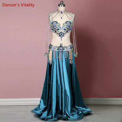 Belly Dance Competition Costume Suit for Women Cusomized Bra+satin Split Long Skirt 2pcs Female Oriental Bellydance Outfit