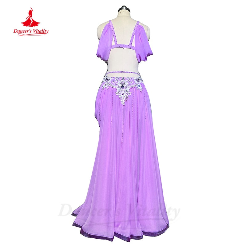 Belly Dance Competiton Costume Suit Customsized Adult Children Stones Bra+spling Long Skirt 2pcs for Women Oriental Dancewear