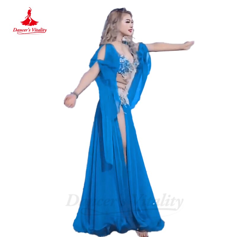 Belly Dance Competition Costume Suit for Women AB Stones Bra+chiffon Skirt+sleeves 3pcs Customsized Children Female Poprong Suit