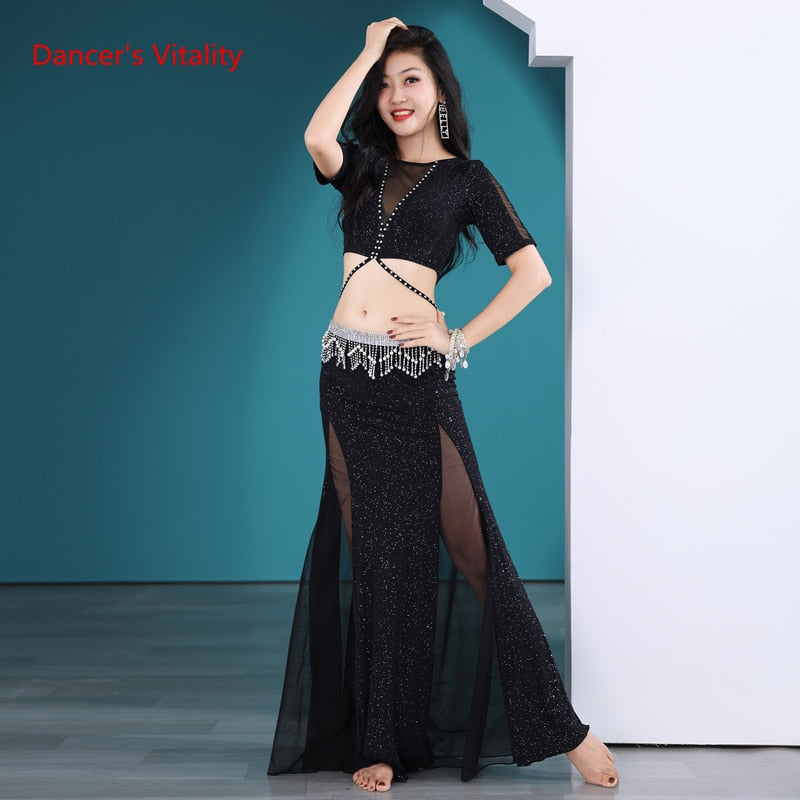 Women Proffesional Bellydance Costume Sexy Short Sleeves Top Long Skirt Exotic Dancewear Suit Girls Oriental Dance Outfit Cloth