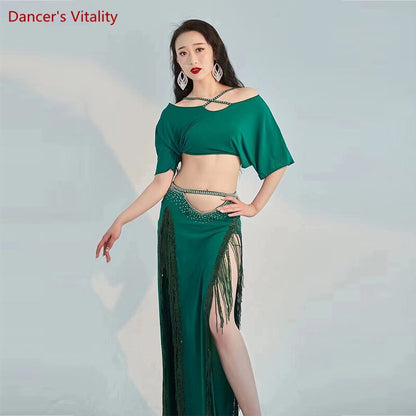 Belly Dance Professional Costumes Set Female Shining Performance Clothing Short Sleeves Top+long Skirt 2pcs Oriental Dance Wear