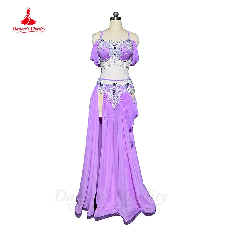 Belly Dance Competiton Costume Suit Customsized Adult Children Stones Bra+spling Long Skirt 2pcs for Women Oriental Dancewear