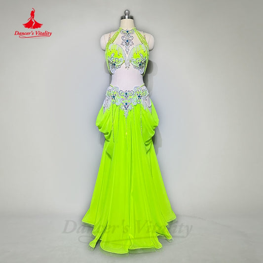 Belly Dance Performance Costume Suit for Women Cusotmsized AB Stones Perles Bra+long Skirt 2pcs Girl Oriental Stage Wear Outfit