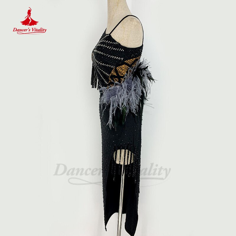 Latin Dance Performance Costumes Customsized Adult Children Stones Rumba Chacha Tango Competition Dress Latin Black Pool Skirts