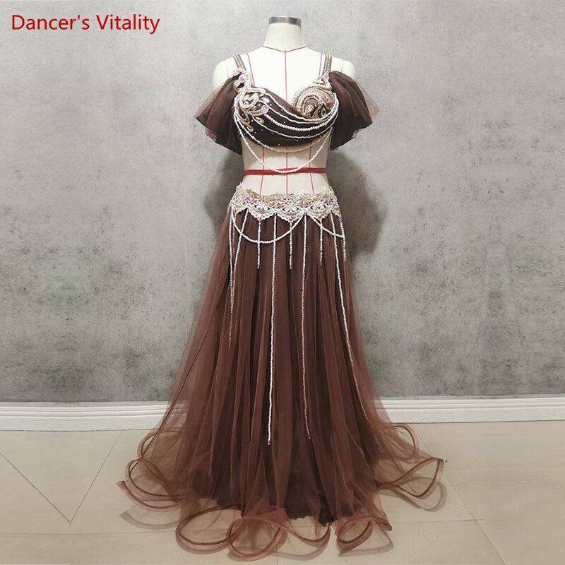 Belly Dance Suit Diamond-Studdedn Bra Split Long Skir Performance Clothes Set Female Adult High-End Top Competition Clothing