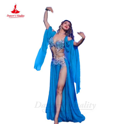 Belly Dance Competition Costume Suit for Women AB Stones Bra+chiffon Skirt+sleeves 3pcs Customsized Children Female Poprong Suit