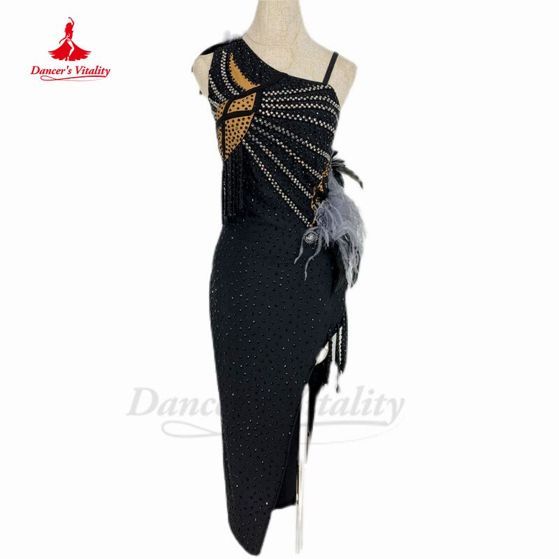 Latin Dance Performance Costumes Customsized Adult Children Stones Rumba Chacha Tango Competition Dress Latin Black Pool Skirts