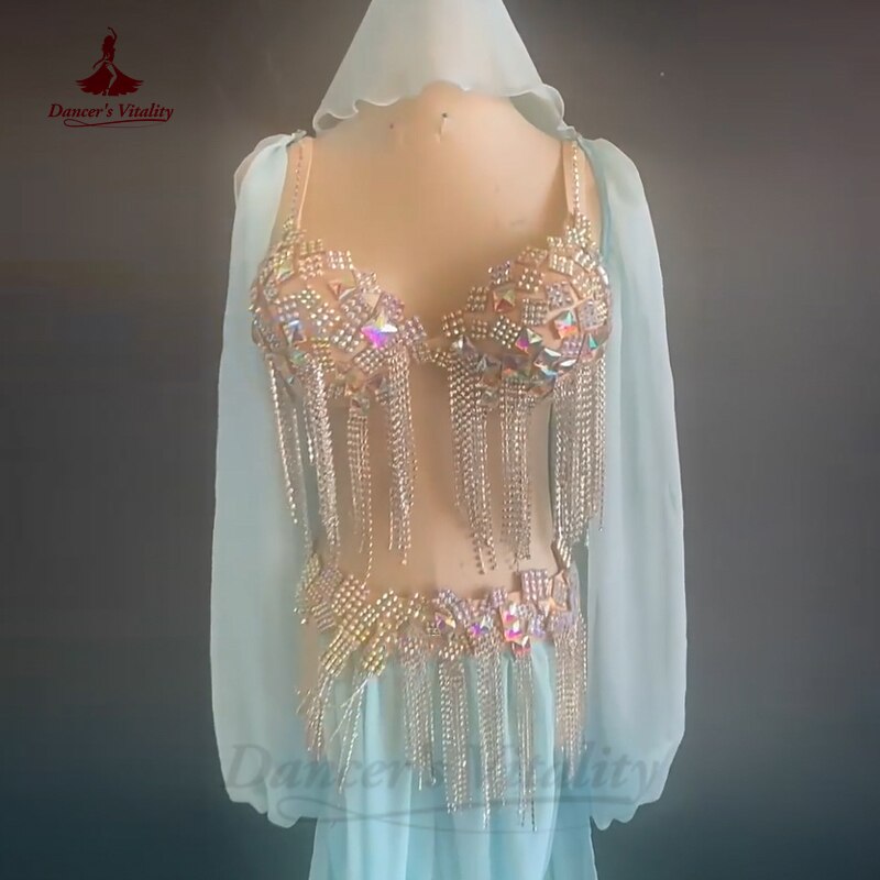 Belly Dancer's Professional Suit Suit Chiffon Sleeves+velt+bra+belt+trousers for Women Customsized Oriental Belly Dance Outfit