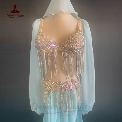 Belly Dancer's Professional Suit Suit Chiffon Sleeves+velt+bra+belt+trousers for Women Customsized Oriental Belly Dance Outfit