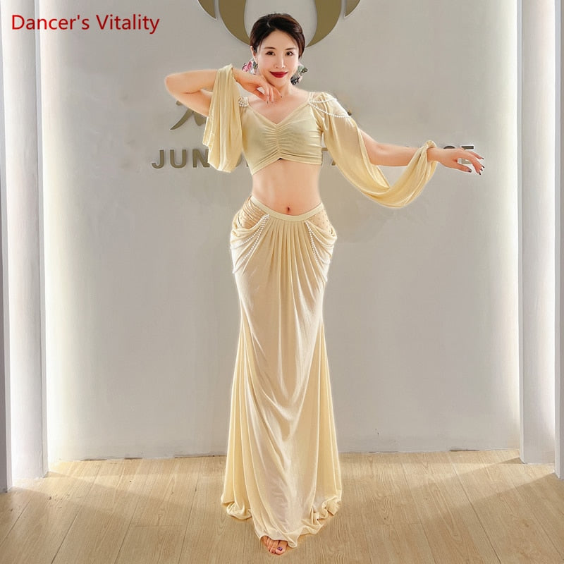 Belly Dance Clothing for Women Mesh Pearls Sleeves Top+long Skirt 2pcs Girl's Oriental Costumes Set Female Practice Wear Outfit