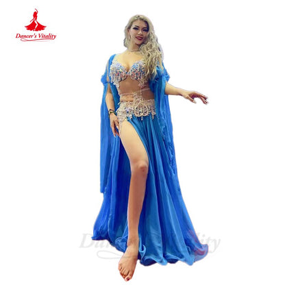 Belly Dance Competition Costume Suit for Women AB Stones Bra+chiffon Skirt+sleeves 3pcs Customsized Children Female Poprong Suit