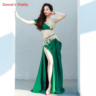 Belly Dance Suit Diamond-Studded Sling Bra Split Big Swing Skirt Performance Clothes Set Oriental Dancing Competition Clothing