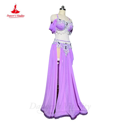 Belly Dance Competiton Costume Suit Customsized Adult Children Stones Bra+spling Long Skirt 2pcs for Women Oriental Dancewear