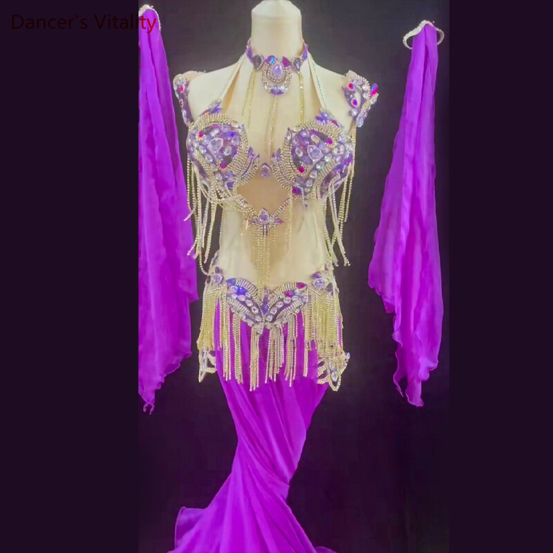 Belly Dance Performance Costumes Set Stones Bra+belt+skirt+arms+necklace 5pcs Oriental Dance Clothing Belly Dancing Outfit Wear