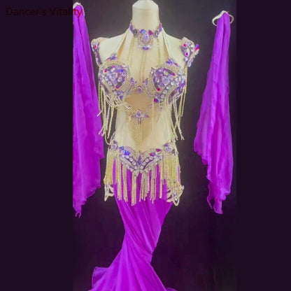 Belly Dance Performance Costumes Set Stones Bra+belt+skirt+arms+necklace 5pcs Oriental Dance Clothing Belly Dancing Outfit Wear