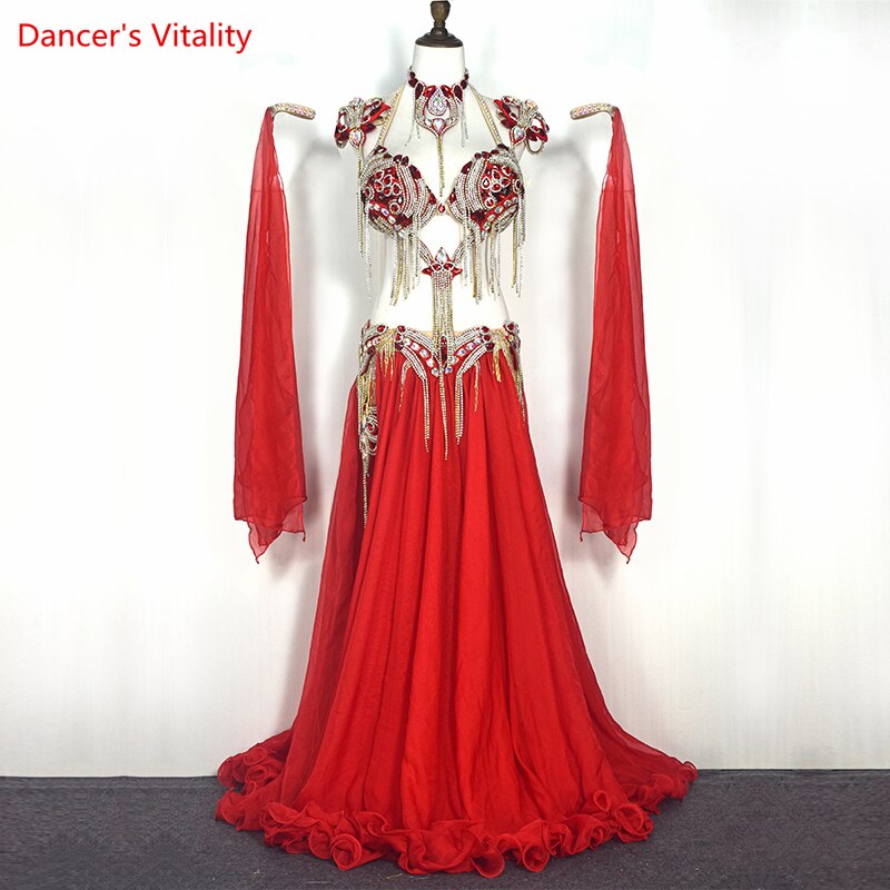 Belly Dance Performance Costumes Set Stones Bra+belt+skirt+arms+necklace 5pcs Oriental Dance Clothing Belly Dancing Outfit Wear