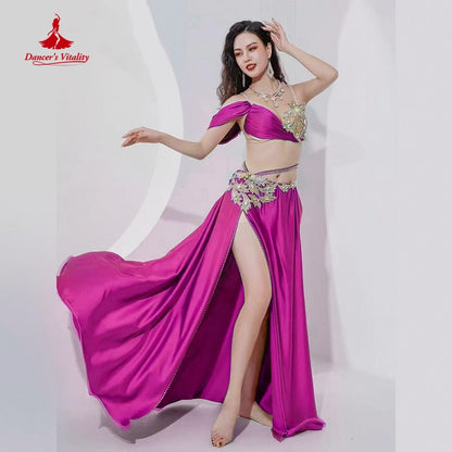 Belly Dance Suit Diamond-Studded Sling Bra Split Big Swing Skirt Performance Clothes Set Oriental Dancing Competition Clothing