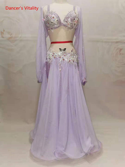 Belly Dance Suit Diamond-Studded Bra Split Big Swing Skirt Performance Clothes Set Female Adult High-End Competition Clothing