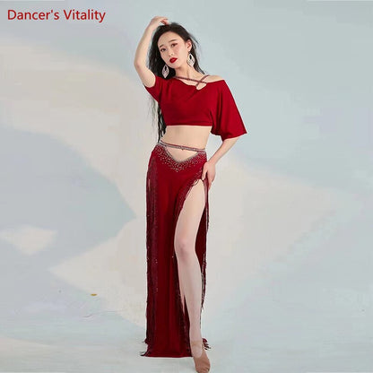 Belly Dance Professional Costumes Set Female Shining Performance Clothing Short Sleeves Top+long Skirt 2pcs Oriental Dance Wear