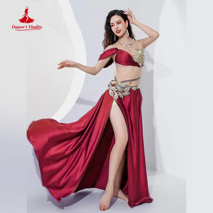 Belly Dance Suit Diamond-Studded Sling Bra Split Big Swing Skirt Performance Clothes Set Oriental Dancing Competition Clothing