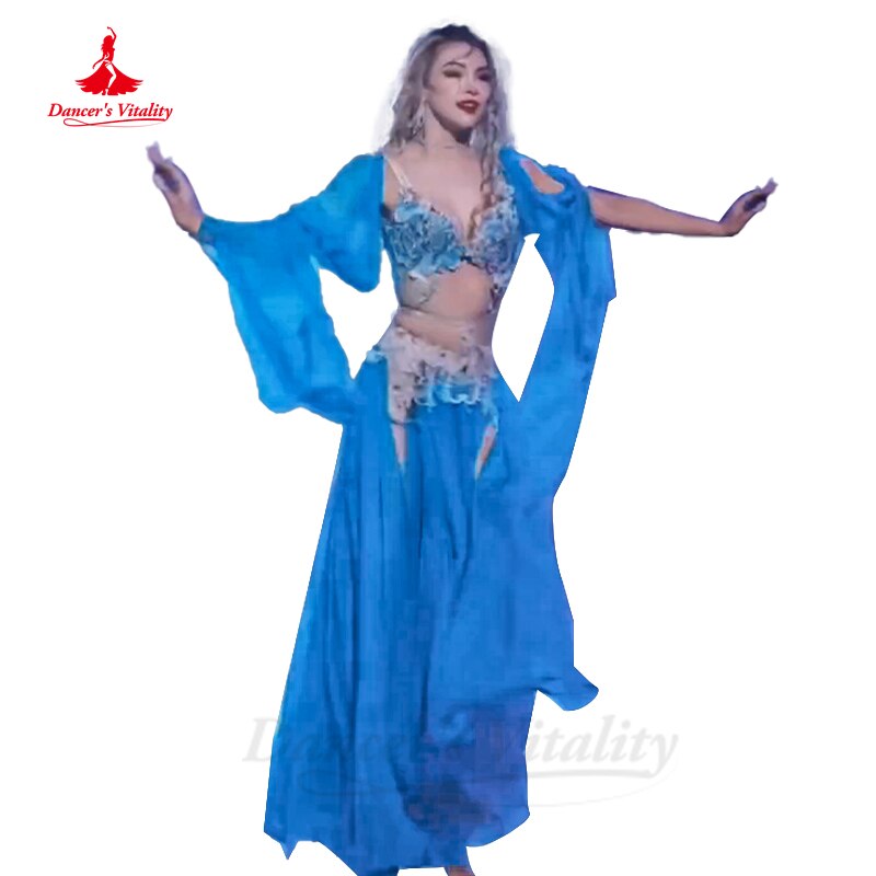 Belly Dance Competition Costume Suit for Women AB Stones Bra+chiffon Skirt+sleeves 3pcs Customsized Children Female Poprong Suit