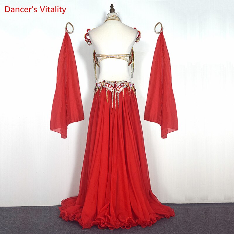 Belly Dance Performance Costumes Set Stones Bra+belt+skirt+arms+necklace 5pcs Oriental Dance Clothing Belly Dancing Outfit Wear