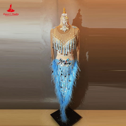 Belly Dance Performance Costume Suit for Women Customsized Oriental Dance Clothing Bra+feather 2pcs Belly Dancing Wear Suits