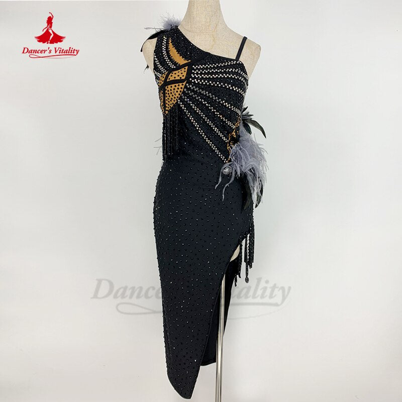 Latin Dance Performance Costumes Customsized Adult Children Stones Rumba Chacha Tango Competition Dress Latin Black Pool Skirts