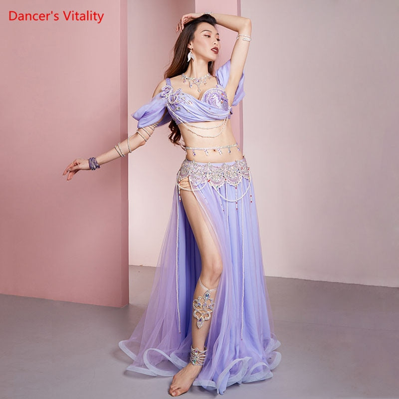 Belly Dance Suit Diamond-Studdedn Bra Split Long Skir Performance Clothes Set Female Adult High-End Top Competition Clothing