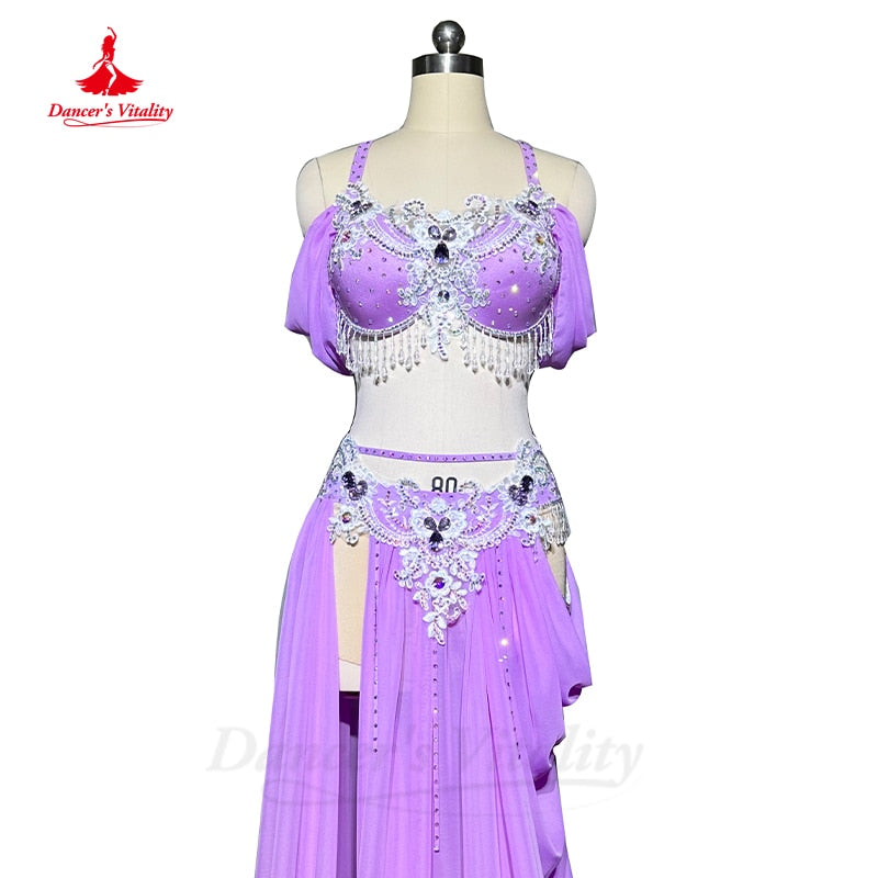 Belly Dance Competiton Costume Suit Customsized Adult Children Stones Bra+spling Long Skirt 2pcs for Women Oriental Dancewear