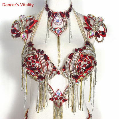 Belly Dance Performance Costumes Set Stones Bra+belt+skirt+arms+necklace 5pcs Oriental Dance Clothing Belly Dancing Outfit Wear