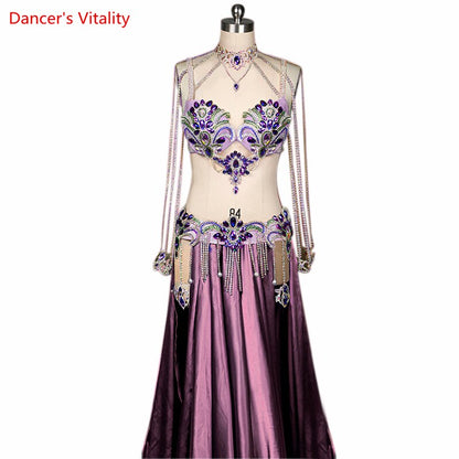 Belly Dance Competition Costume Suit for Women Cusomized Bra+satin Split Long Skirt 2pcs Female Oriental Bellydance Outfit